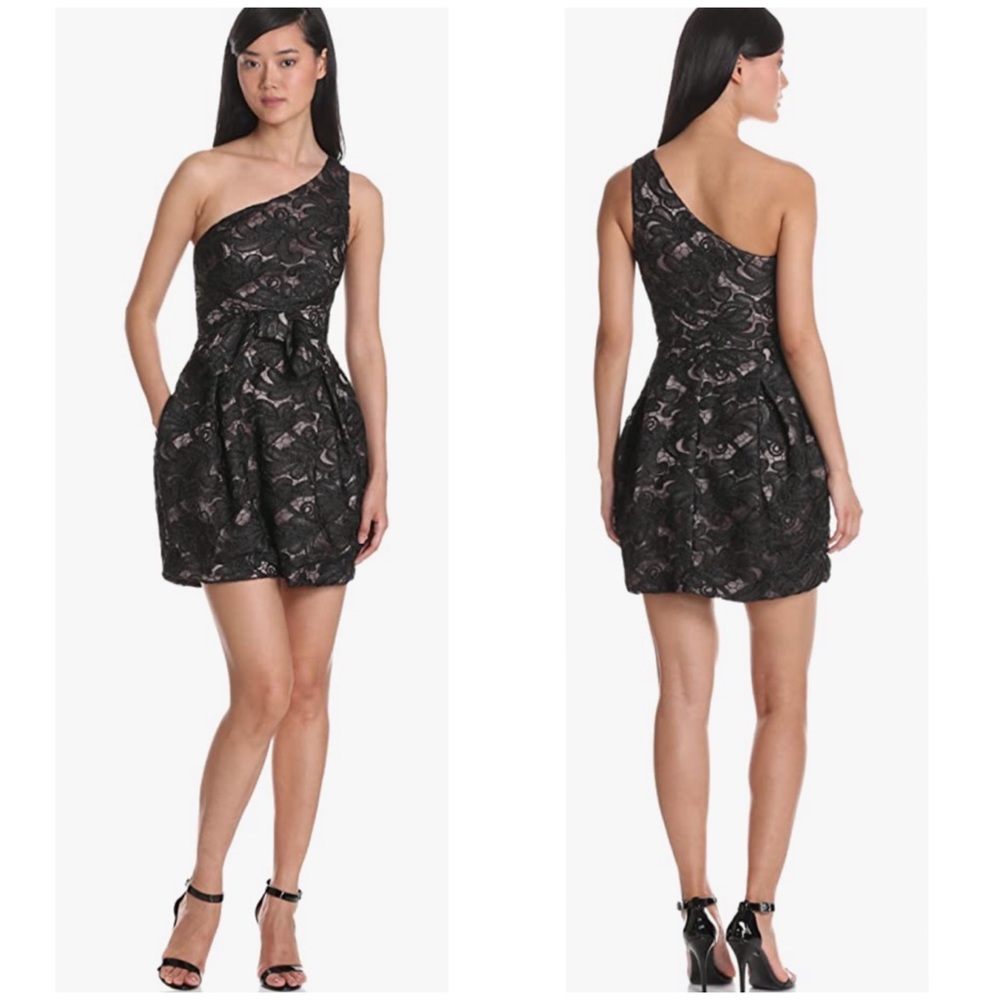 JILL STUART Women's One-Shoulder Black Lace Overlay 3D Ribbon Mini Dress